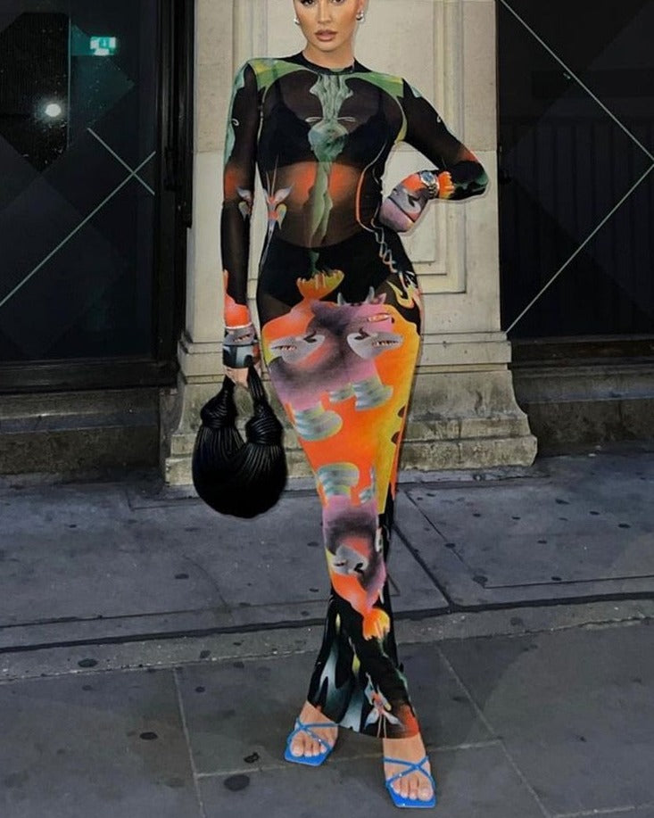 Print Long Sleeves Graphic Patchwork Sexy Slim Maxi Prom Dress