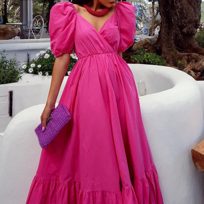 Elegant Puff Sleeve Long Maxi Dresses Boho rose red MUST HAVE