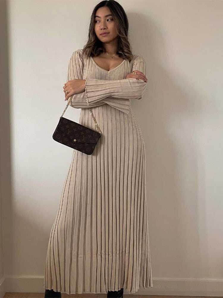 V-neck Women Knitted Maxi Dress