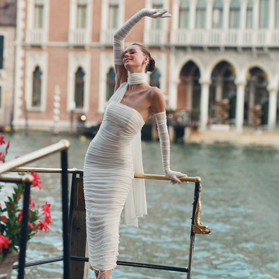 White Glove Mesh Ribbon Long Dress Hanging Neck Dress eprolo BAD PEOPLE