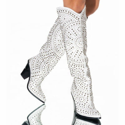 Cowboy Boot Studded Pointy Toe Block Heel Knee High Crystal Handmade Boots eprolo BAD PEOPLE