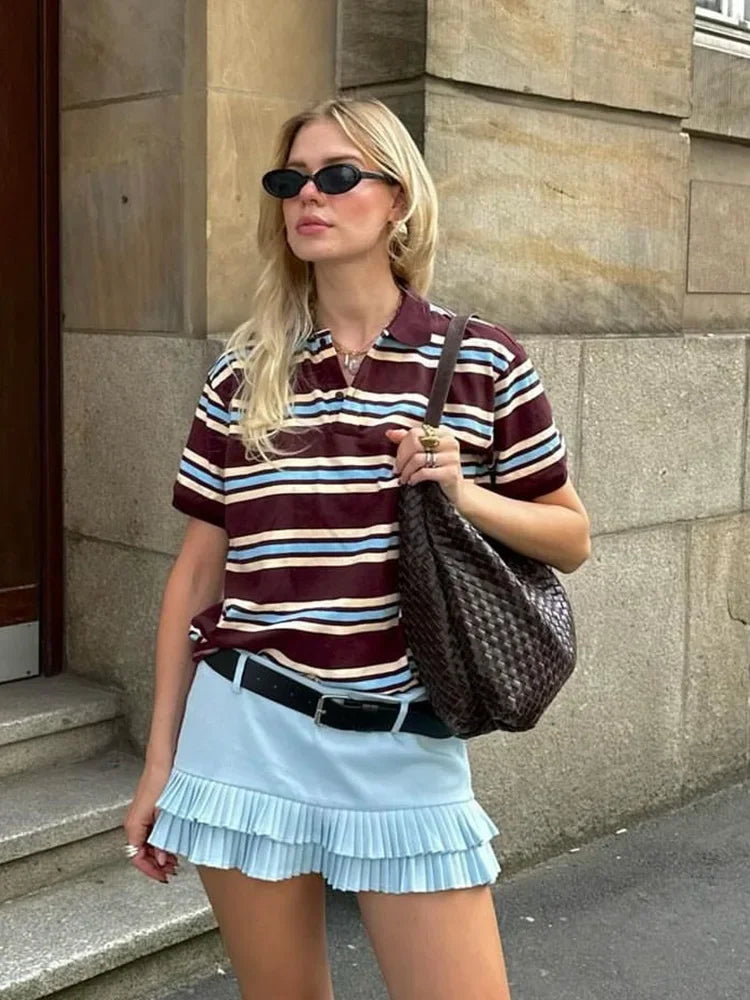 Burgundy Striped Casual Women T-shirt