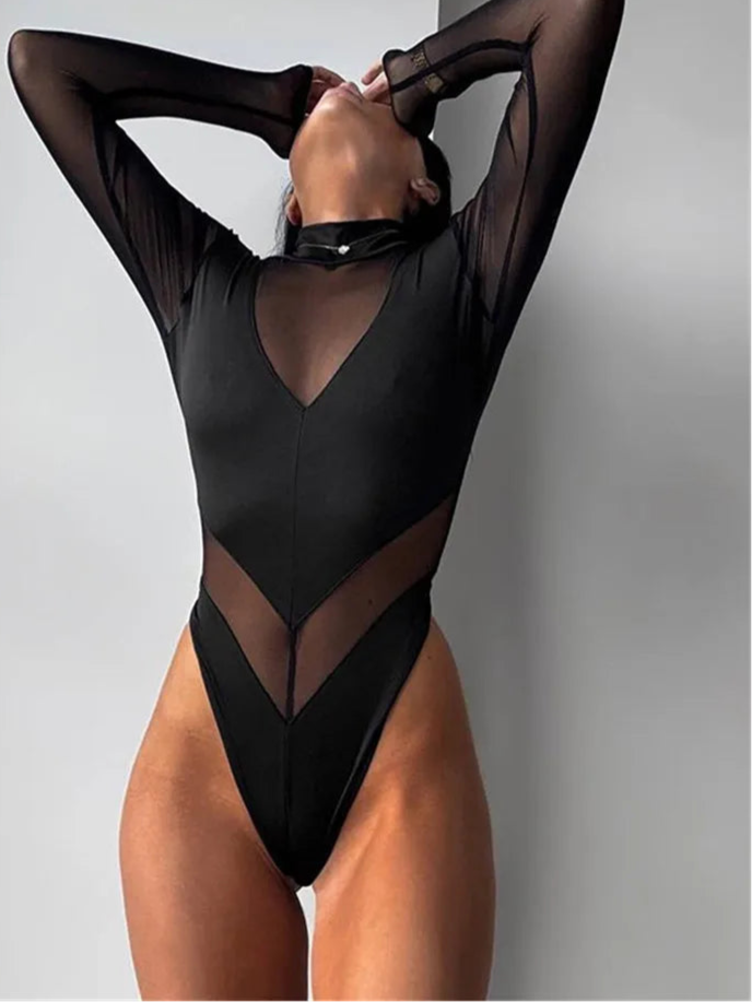 Black Patchwork Women Bodysuits