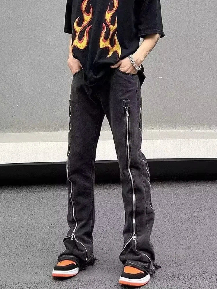 Streetwear Design con cerniera Lavato Nero Slim Jeans Pantaloni per uomo