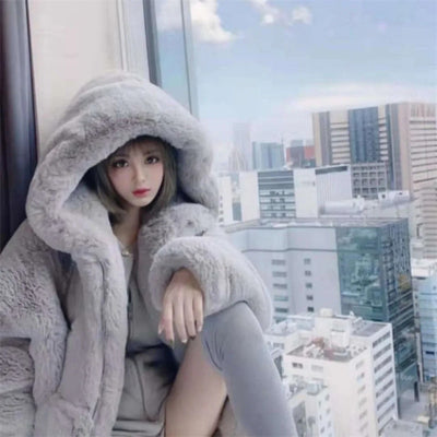 High Quality Furry Plush Rabbit Fur Coat Hooded MUST HAVE