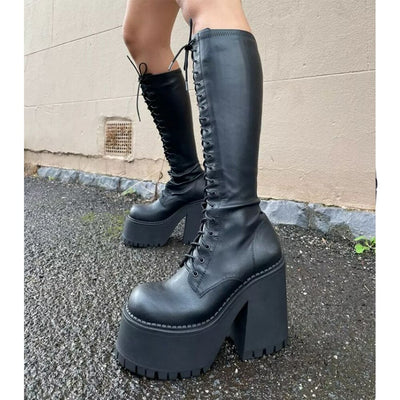 Anfibio Lisa stivale donna platform carroarmato con lacci black lace up MUST HAVE