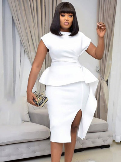 Abito donna lungo Marissa smanicato con balza Curvy White Curvy