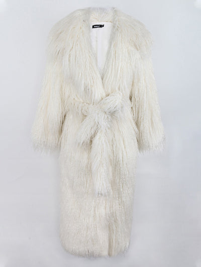 Cappotto ecopelliccia pelo lungo donna cintura White MUST HAVE