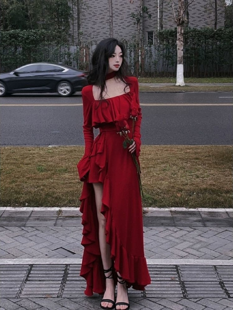 Elegant Long Slevee Dress Red Square Collar Ruffle